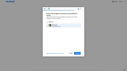 Facebook oAuth screen showing a list of Instagram accounts