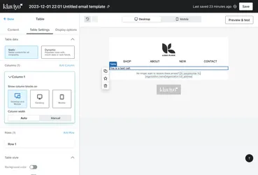The klaviyo table settings screen, with only one column