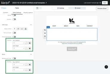 The klaviyo table settings screen, showing all padding and borders set to 0